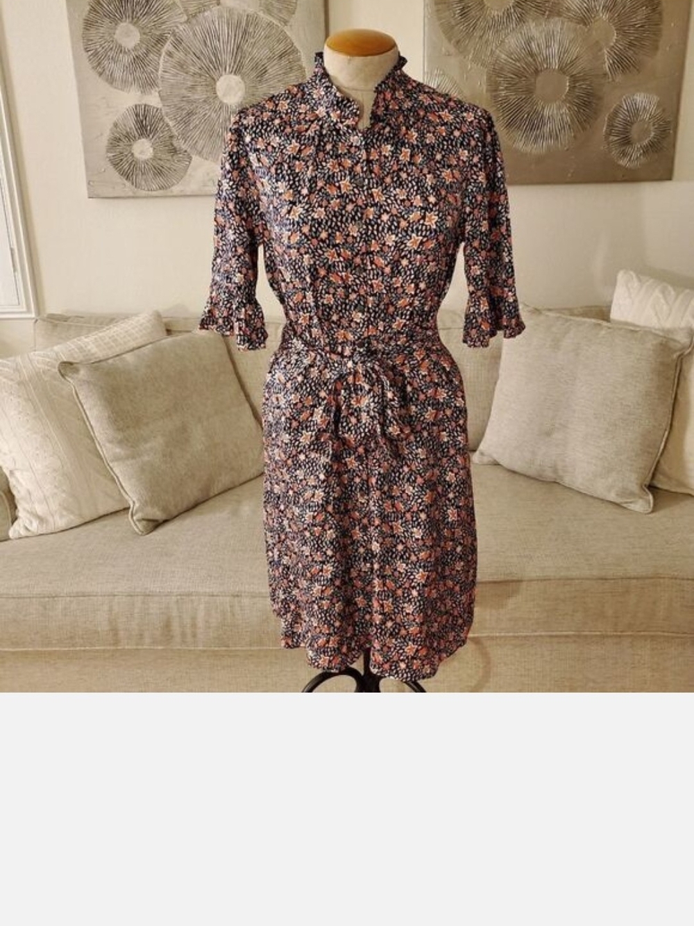 Rebecca Taylor Navy Floral Tie-Waist Midi Dress with Pink Accents
